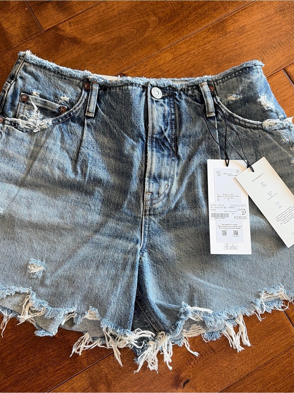 Moussy Light Blue Distressed Denim Shorts with Frayed Hem